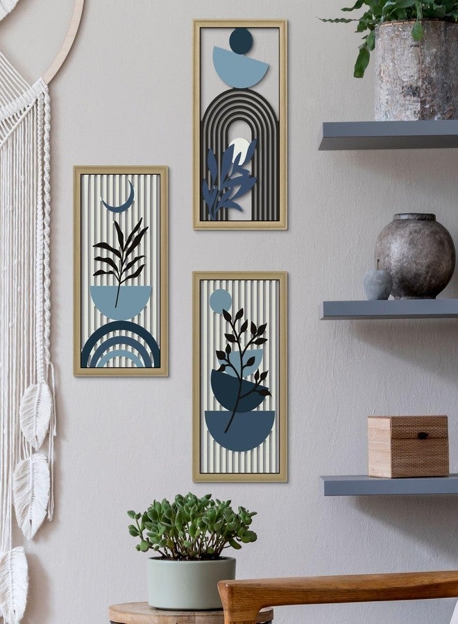 Putuo Decor Boho Abstract Wall Art, Set of 3, Modern Botanical Wooden Wall Decor, Blue Mid-Century Minimalist Framed Artwork for Living Room Bedroom, Office - Image 5